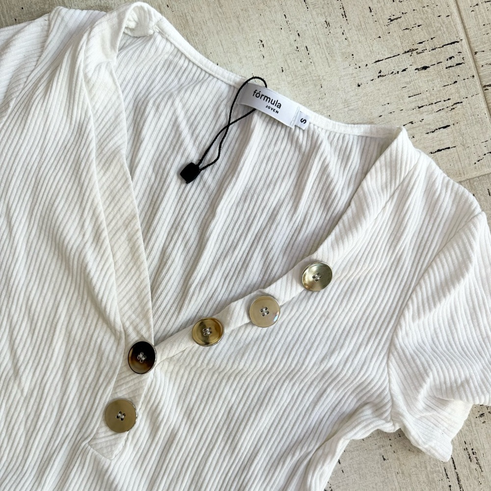 Formula Ribbed White V-Neck Onesie Bodysuit Metal Button Top Short Sleeve S - Picture 3 of 4